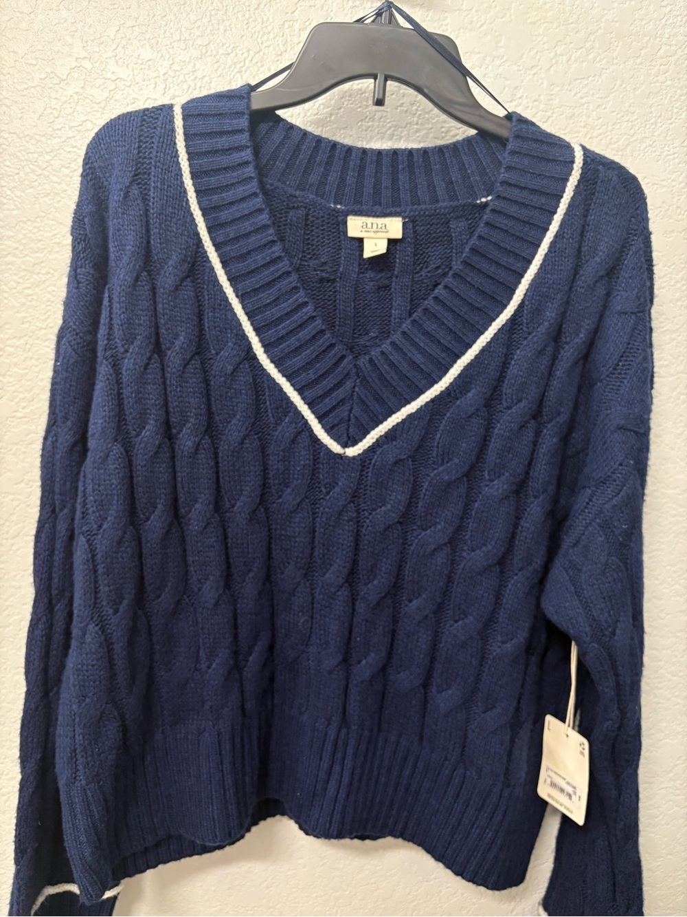 Anna Navy Cable Knit V-Neck Sweater with White Trim